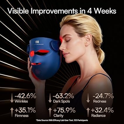 71tVNLFW8jL._SX425_.jpg INIA Glow 4D Wireless Red Light Therapy Mask for face – Dual NIR, 320 LEDs, 4 Modes, Under-Eye Cooling, Cordless & Rechargeable LED Face Mask for Home & Travel, Skincare Gifts for Women Mom Wife, Blue