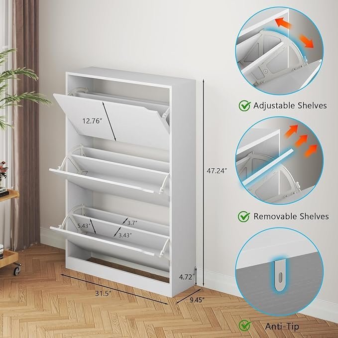 71tmOmh772L._AC_SX679_.jpg BORNOON Shoe Cabinet with 3 Flip Drawers, Hidden Wood Shoe Cabinet,Freestanding Shoe Storage Cabinet for Entryway Hallway.White. 47.2″ H*31.5″ W*9.45″ D.