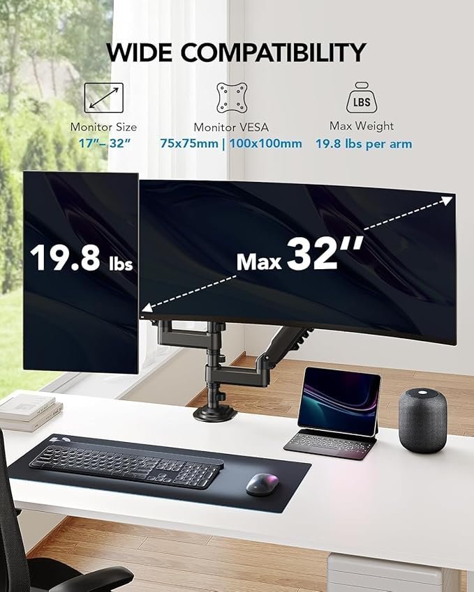 71uKREy31PL._AC_SX679_.jpg HUANUO 17-32 Inch Dual Monitor Stand, Vertical Dual Monitor Mount, Monitor Stand 2 Monitors, Ergonomic Adjustable Tilt/Swivel/Rotate, Weight Max 19.8 lbs, VESA 75/100mm