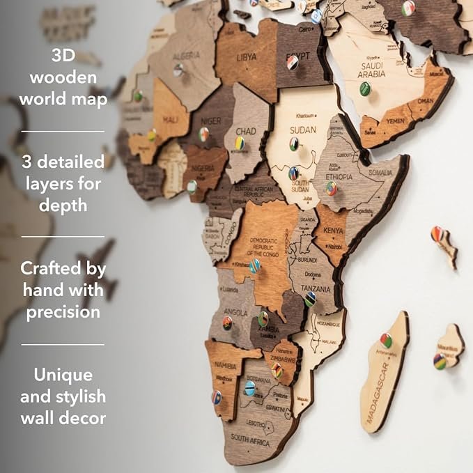 Enjoy The Wood 3D Wooden World Map Wall Art – Large Travel Map with Pins for Art Decor – Decorative Map of the World for Home, Office – Travel Wall Art Housewarming Gift Idea (Multicolor, M, Unframed)