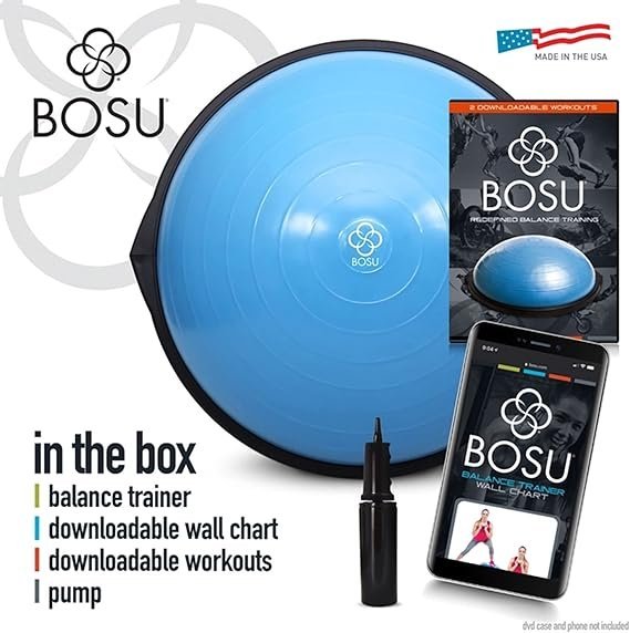 Bosu Balance Ball Exercise Trainer, Home Gym Equipment w/Guided Workouts & Pump, 26″ Inflatable Fitness Platform for Strength Training, Standing, Balancing, and Core Workout