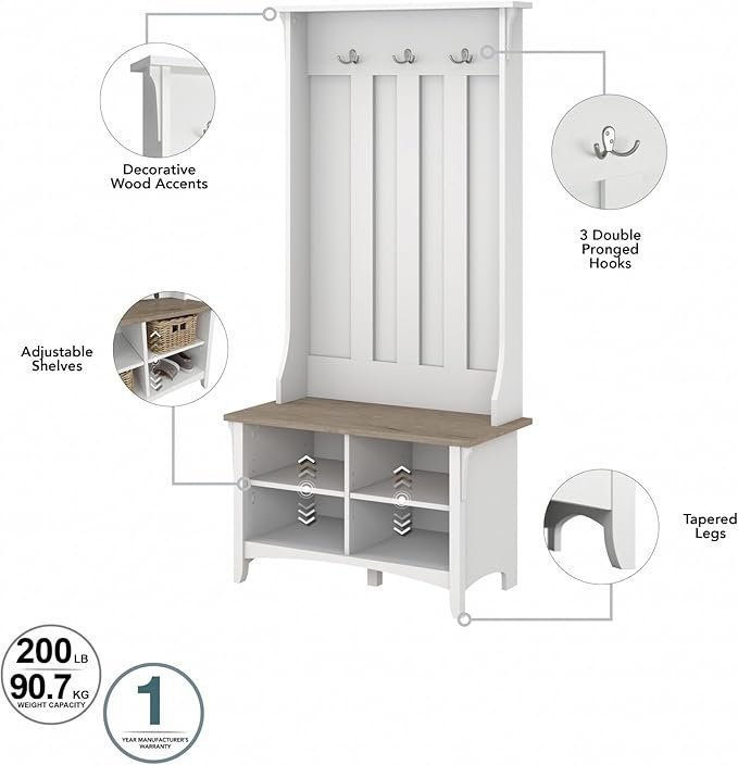 Bush Home Salinas Hall Tree with Shoe Storage Bench in Shiplap Gray and Pure White, Multi-Purpose Home Organizer, Entryway Solution with Seating and Hooks
