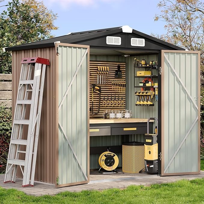 810ORxotJ3L._AC_SX679_-1.jpg Aoxun 6.2×4 FT Shed Outdoor Storage Shed with Lockable Doors & Slooping Roof Metal Garden Tool Shed for Backyard, Patio, Poolside (Brown)
