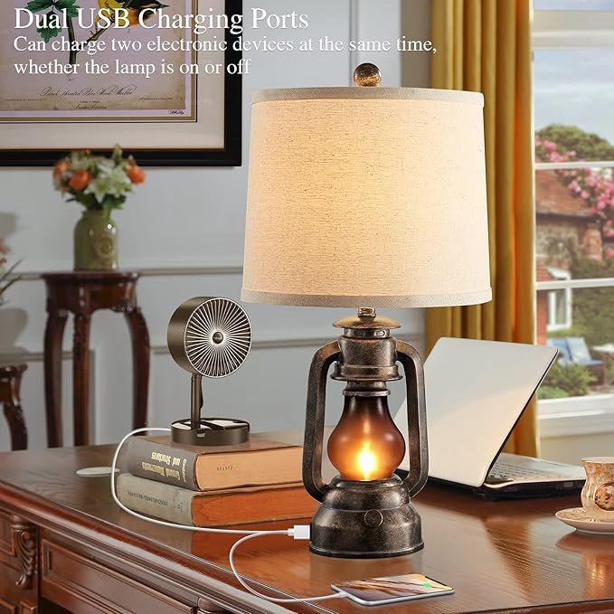 819hZat95NL._AC_SX679_.jpg RORIANO Farmhouse Lantern Table Lamps for Living Room Set of 2, Vintage Bedroom Resin Lamp with Dual USB Charging Ports, Rustic Retro Bedside Nightstand Desk Lamp, 4 Bulb Included