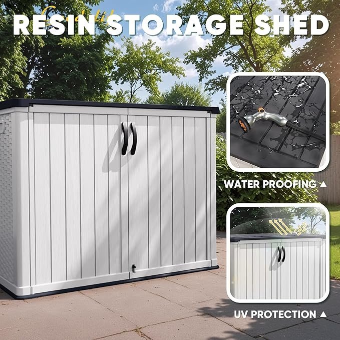 81AAvORzDFL._AC_SX679_.jpg Devoko Outdoor Storage Cabinet 26 Cu Ft with Lockable Doors, Horizontal Storage Shed Waterproof Patio Tools Storage Box for Sofa Cushions, Gardening Tools and Accessories (White)