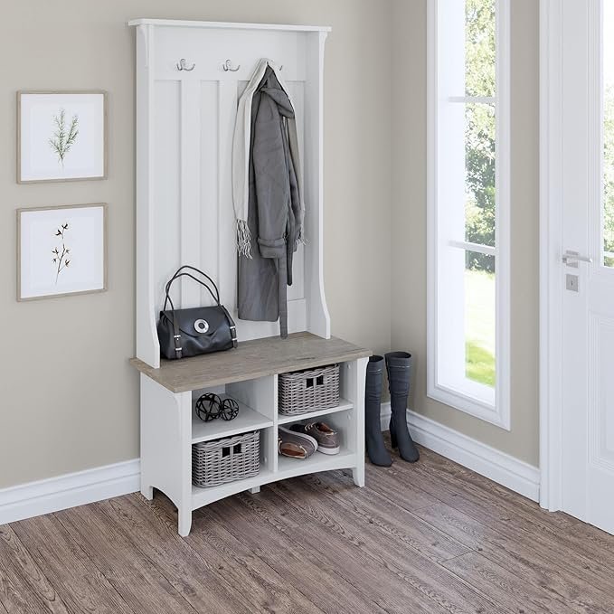 Bush Home Salinas Hall Tree with Shoe Storage Bench in Shiplap Gray and Pure White, Multi-Purpose Home Organizer, Entryway Solution with Seating and Hooks