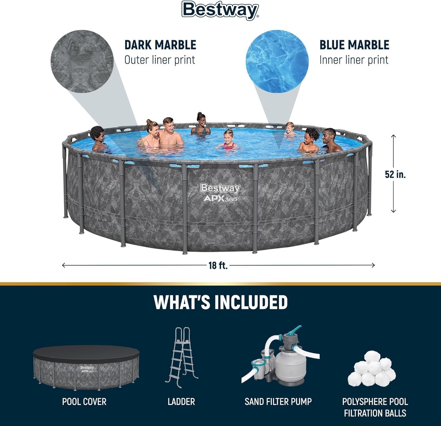 81D4JmWGToL._AC_SL1500_.jpg Bestway APX 365 18’x52″ Round Above Ground Swimming Pool Set with Pump & Ladder
