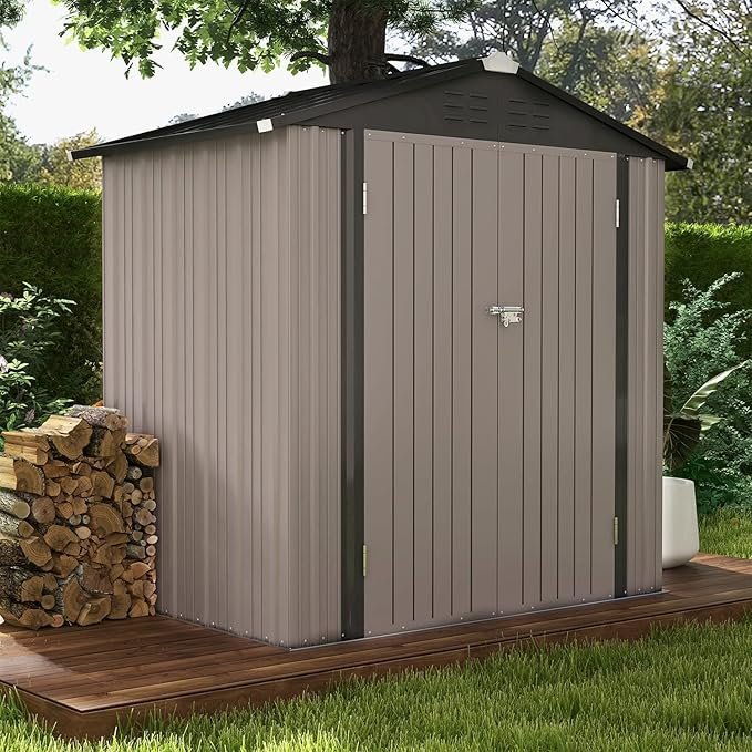 Patiowell 6×4 FT Outdoor Storage Shed, Garden Tool Storage Shed with Sloping Roof and Double Lockable Door, Outdoor Shed for Garden Backyard Patio Lawn, Brown