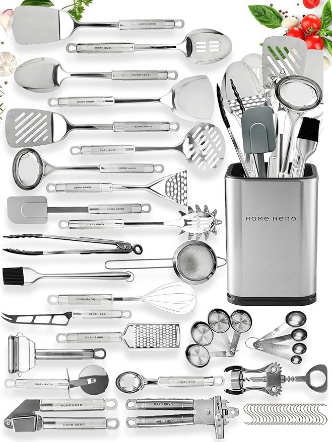 81Im3uC5HBL._AC_SY879_.jpg Home Hero 54-Piece Stainless Steel Kitchen Utensils Set – Heat-Resistant Nonstick Silicone & Stainless Steel Cooking Utensils – Complete Tools with Slotted Spoon & Pasta Spoon – Pack of 54, Silver