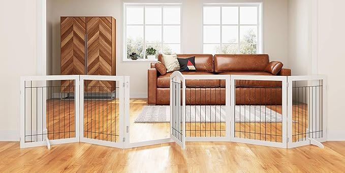 81IukVIFq4L._AC_SX679_.jpg PAWLAND 144-inch Extra Wide 30-inches Tall Dog gate with Door Walk Through, Freestanding Wire Pet Gate for The House, Doorway, Stairs, Pet Puppy Safety Fence, Support Feet Included, White,6 Panels