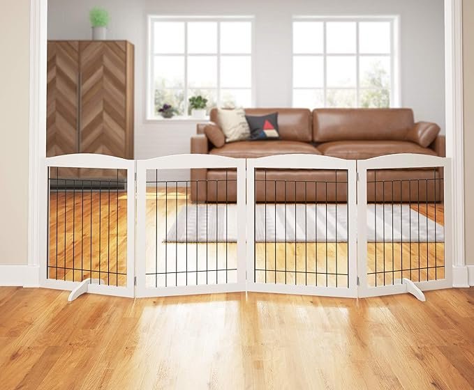 81JRWm1ggbL._AC_SX679_.jpg PAWLAND Extra Wide Dog gate for The House, Doorway, Stairs, Dog Fences Indoor, Freestanding Foldable Wooden Pet Gates for Dogs, Set of Support Feet Included, 96 in Wide 30 in Tall, 4 Panels White