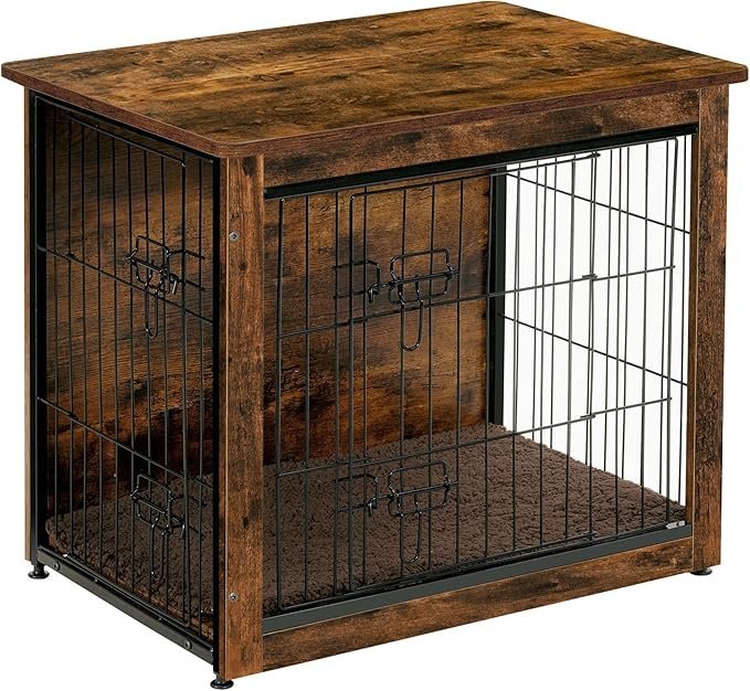 81M6TatVFDL._AC_SX679_.jpg DWANTON Dog Crate Furniture with Cushion, Wooden Kennel Table with Double Doors, Indoor Dog House, Small/Medium/Large/Extra Large Size, 27.2″ L, Rustic Brown