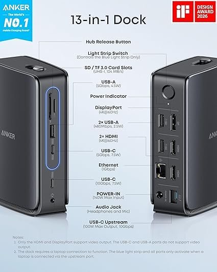 Anker Nano Laptop Docking Station with Detachable Hub, 13-in-1 USB-C Triple Display Docking with 2 HDMI+1 DP, 10 Gbps USB-C, 3 USB-A, Audio, SD/TF, Ethernet, 100W Max PD for Dell, Lenovo, HP, and More