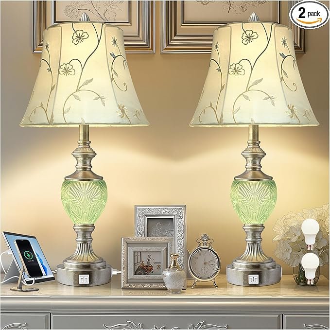 81P1sEtuZ4L._AC_SX679_PIbundle-2TopRight00_SH20_.jpg Bedside Table Lamp Set of 2 with Nightlight and USB A+C Ports, 27” High Vintage Table Lamps with Silver Leaf Finish and Embroidered Shade, Nightstand Lamps Decor for Bedroom Living Room Home Office