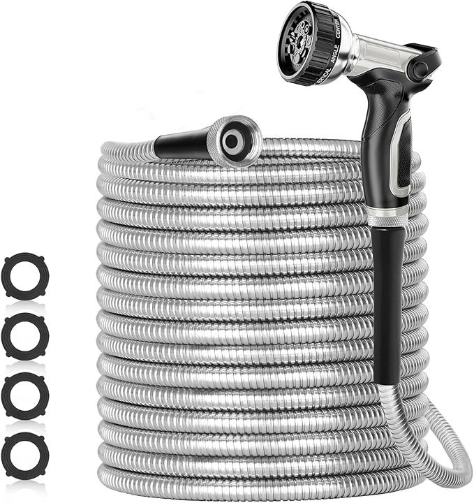 81PsVOrCmzL._AC_SX679_.jpg SPECILITE 200ft 304 Stainless Steel Garden Hose Metal, Heavy Duty Water Pipe with Nozzles for Yard, Outdoor – Flexible, Never Kink & Tangle, Puncture Resistant (Sliver)