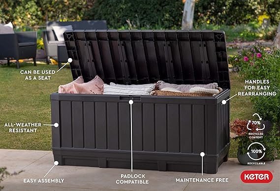 PatioZen 100 Gallon Resin Deck Box, Lockable Patio Outdoor Storage Box for Furniture, Garden Tools and Tools Storage, Waterproof Outside Storage Boxes – Black