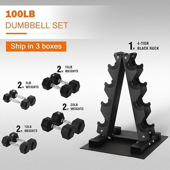 81V6LgHGfHL._AC_SX569_.jpg Fitvids Rubber Coated Hex Dumbbell Set with Storage Rack, 100/150/200/550 LB Hand Weight Set with Anti-Slip Grip for Home Gym