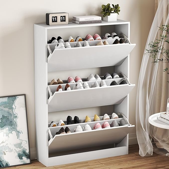 81VTv0IokkL._AC_SX679_.jpg BORNOON Shoe Cabinet with 3 Flip Drawers, Hidden Wood Shoe Cabinet,Freestanding Shoe Storage Cabinet for Entryway Hallway.White. 47.2″ H*31.5″ W*9.45″ D.