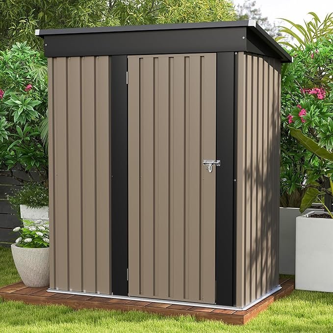 81WyFbnzpcL._AC_SX679_.jpg Patiowell 5×3 FT Outdoor Storage Shed, Tool Shed with Sloping Roof and Lockable Door, Metal Shed for Backyard Garden Patio Lawn, Brown