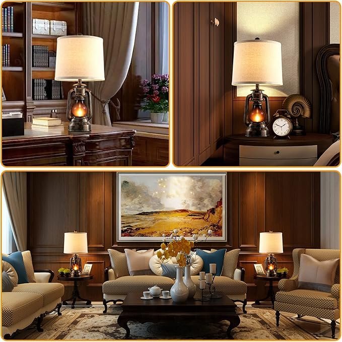 81XMT3GzBlL._AC_SX679_.jpg RORIANO Farmhouse Lantern Table Lamps for Living Room Set of 2, Vintage Bedroom Resin Lamp with Dual USB Charging Ports, Rustic Retro Bedside Nightstand Desk Lamp, 4 Bulb Included