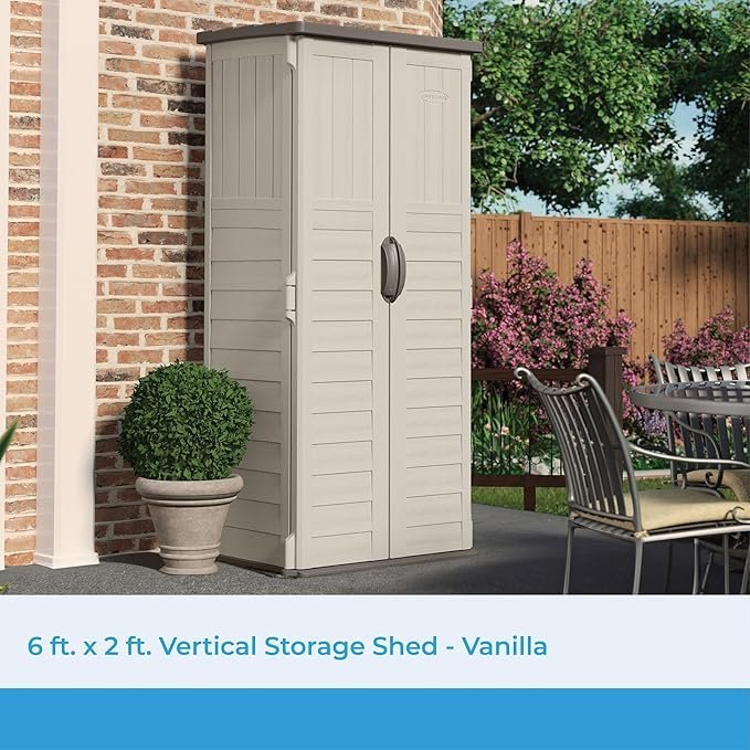 81Z6KYavBL._AC_SX679_.jpg Suncast Vertical Outdoor Storage Shed with All-Weather Construction, Vanilla