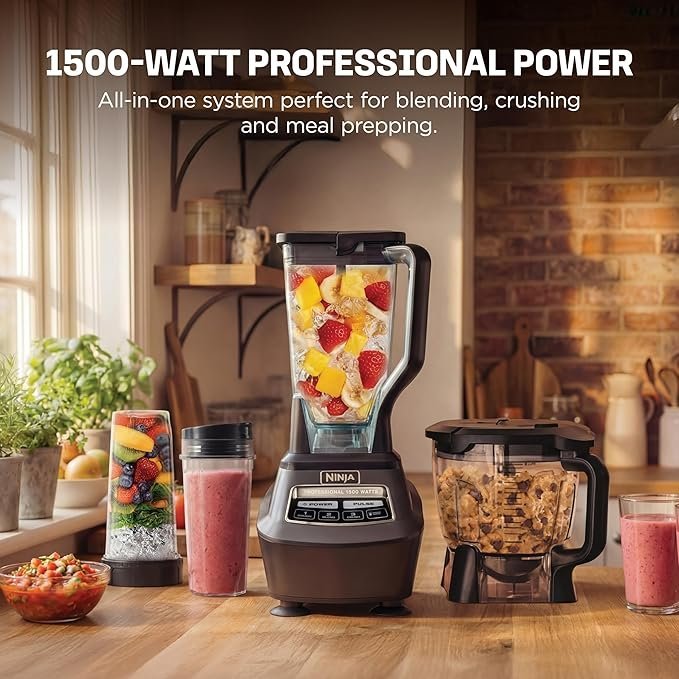 Ninja Kitchen System | All-in-One Food Processor & Blender for Smoothies | Includes Pitcher, (2) 16 oz. To-Go Cups & 8-Cup Bowl | Makes Salsa, Dough, Shakes, & Frozen Drinks | 1500W | Black | BL770