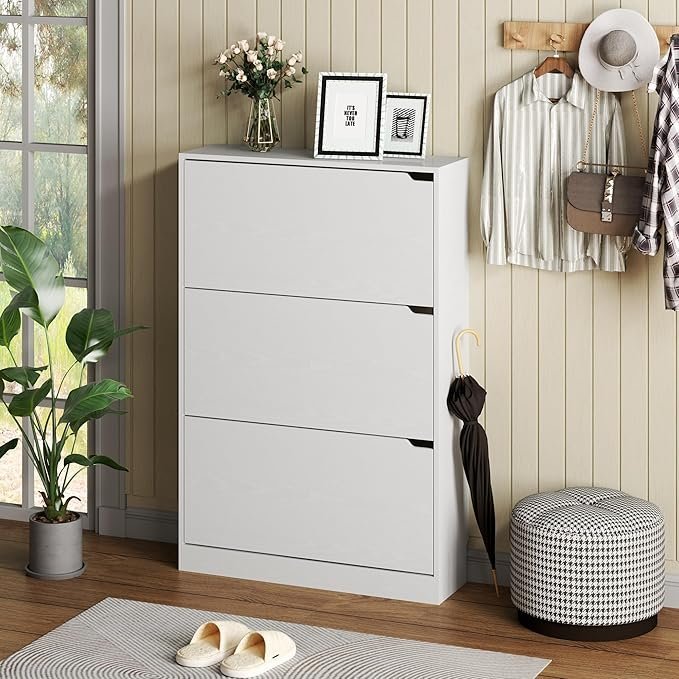 81dMnD8eicL._AC_SX679_.jpg BORNOON Shoe Cabinet with 3 Flip Drawers, Hidden Wood Shoe Cabinet,Freestanding Shoe Storage Cabinet for Entryway Hallway.White. 47.2″ H*31.5″ W*9.45″ D.