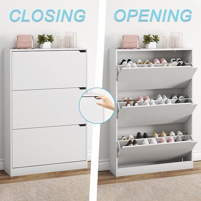 81fG2aDYL._AC_SX679_.jpg BORNOON Shoe Cabinet with 3 Flip Drawers, Hidden Wood Shoe Cabinet,Freestanding Shoe Storage Cabinet for Entryway Hallway.White. 47.2″ H*31.5″ W*9.45″ D.