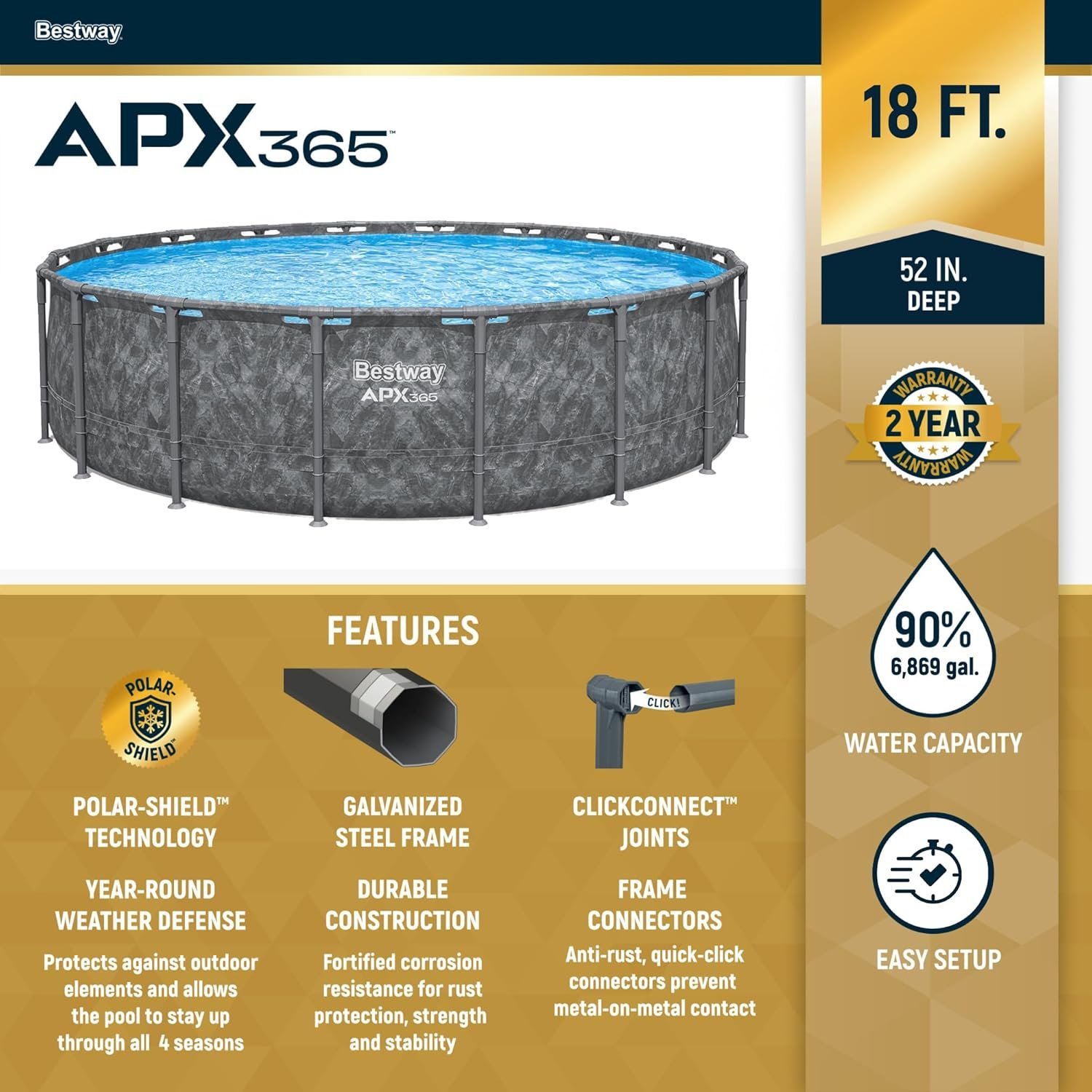 81hCx0mSH9L._AC_SL1500_.jpg Bestway APX 365 18’x52″ Round Above Ground Swimming Pool Set with Pump & Ladder