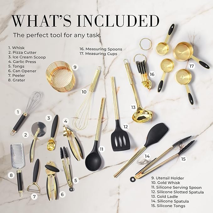 Black and Gold Kitchen Utensils Set – 23-Piece Luxury Kitchen Accessories Includes Gold Measuring Cups, Spoons, Silicone Cooking Utensils and Tools for Baking, Cooking, and Stylish Kitchen Decor