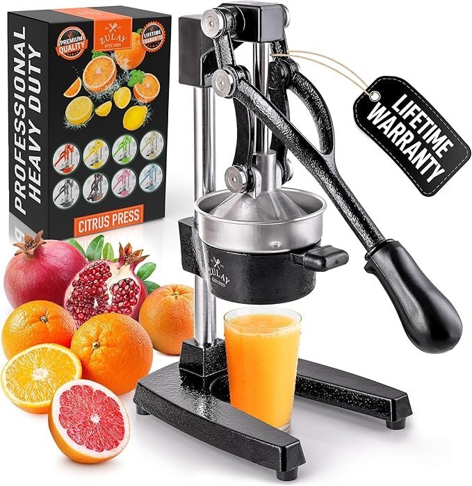 81ihjGtzHKL._AC_SX679_.jpg Zulay Kitchen Cast Iron Juicer – Easy-to-Clean Heavy-Duty Manual Juicer, Professional Citrus Juicer – Stainless Steel Lemon Squeezer – Manual Citrus Press & Orange Squeezer – Orange Juicer (Black)