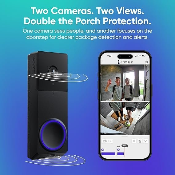 81iwlapl0L._AC_SX569_.jpg WYZE Wireless Duo Cam Video Doorbell (Chime Included), Battery Powered, 2K Full HD Video, 2 Cameras (People and Package), 2-Way Audio, Color Night Vision