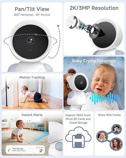 81lmObo0pPL._AC_SX425_.jpg ARENTI Baby Monitor with 2 Cameras, 2K/3MP WiFi 6 Camera and Audio, 5-inch Wireless Screen, Smartphone App, Super Night Vision, Crying Detection, Auto Tracking, Temp&Humidity Sensor (D3 Set)