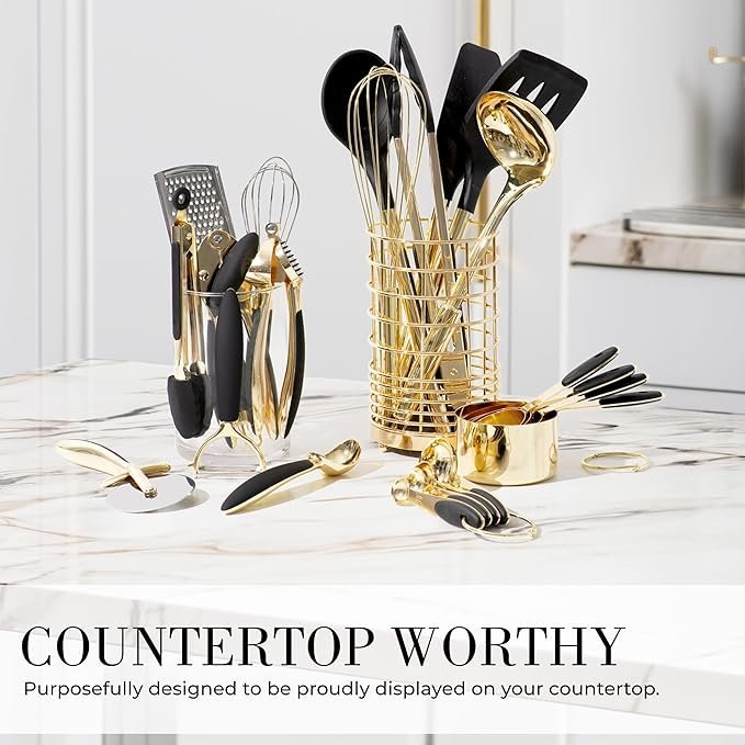 Black and Gold Kitchen Utensils Set – 23-Piece Luxury Kitchen Accessories Includes Gold Measuring Cups, Spoons, Silicone Cooking Utensils and Tools for Baking, Cooking, and Stylish Kitchen Decor