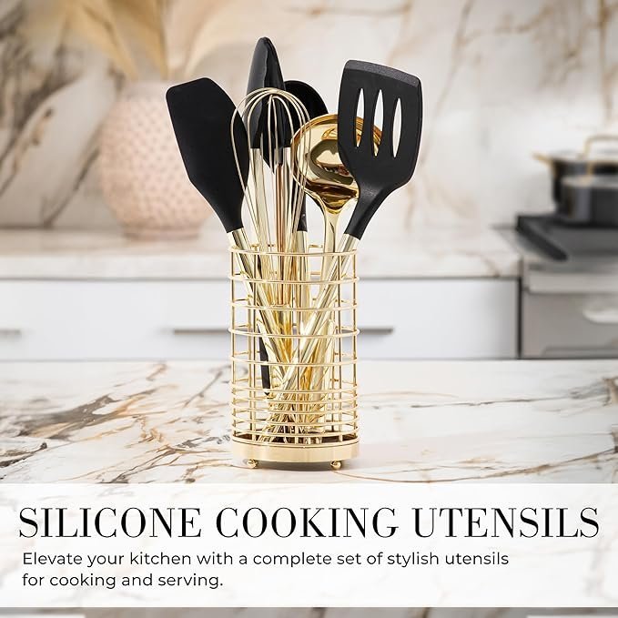 Black and Gold Kitchen Utensils Set – 23-Piece Luxury Kitchen Accessories Includes Gold Measuring Cups, Spoons, Silicone Cooking Utensils and Tools for Baking, Cooking, and Stylish Kitchen Decor