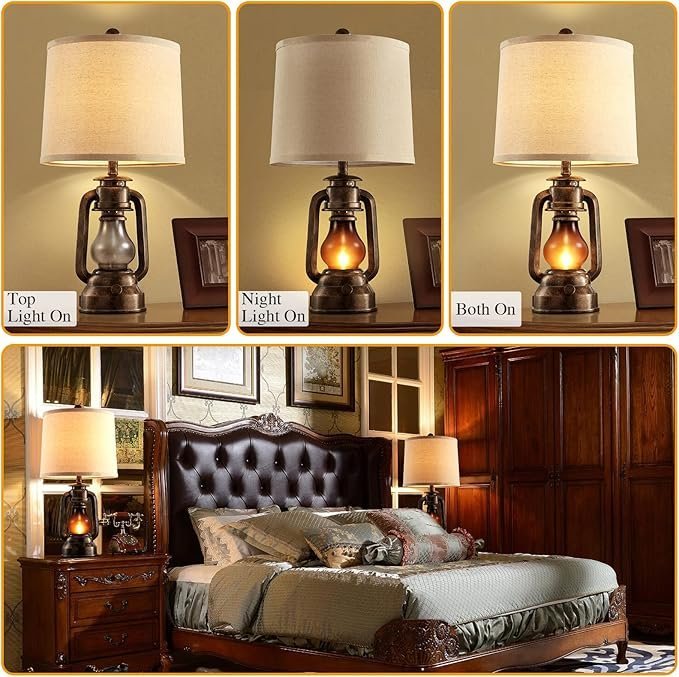 81pLkP4OH2L._AC_SX679_.jpg RORIANO Farmhouse Lantern Table Lamps for Living Room Set of 2, Vintage Bedroom Resin Lamp with Dual USB Charging Ports, Rustic Retro Bedside Nightstand Desk Lamp, 4 Bulb Included