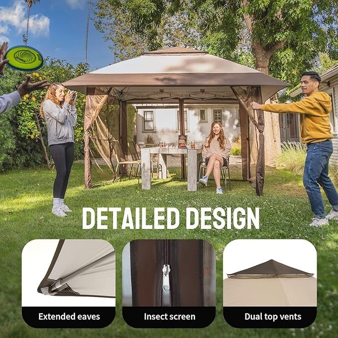 81pb20y2ymL._AC_SX679_.jpg CROWN SHADES 13×13 Pop Up Gazebo, Canopy Tent, Gazebos on Clearance – Outdoor Gazebo for Backyard & Patio Furniture – Carpa Pop Up Tent with Wheeled STO-N-Go Cover Bag (Beige & Coffee)