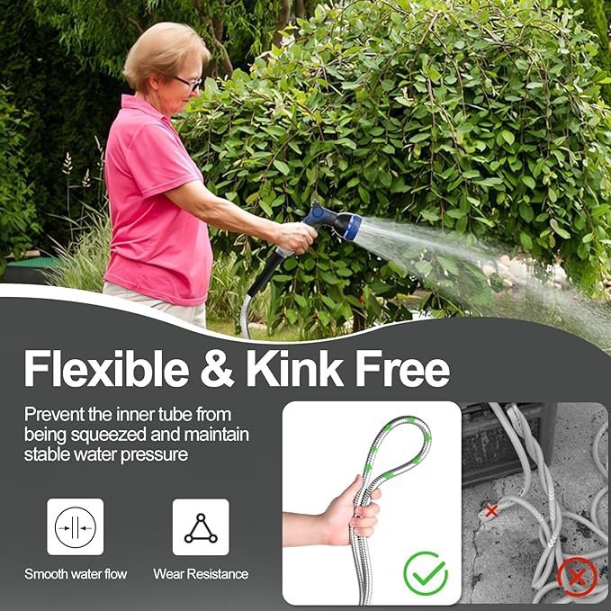 SPECILITE 200ft 304 Stainless Steel Garden Hose Metal, Heavy Duty Water Pipe with Nozzles for Yard, Outdoor – Flexible, Never Kink & Tangle, Puncture Resistant (Sliver)