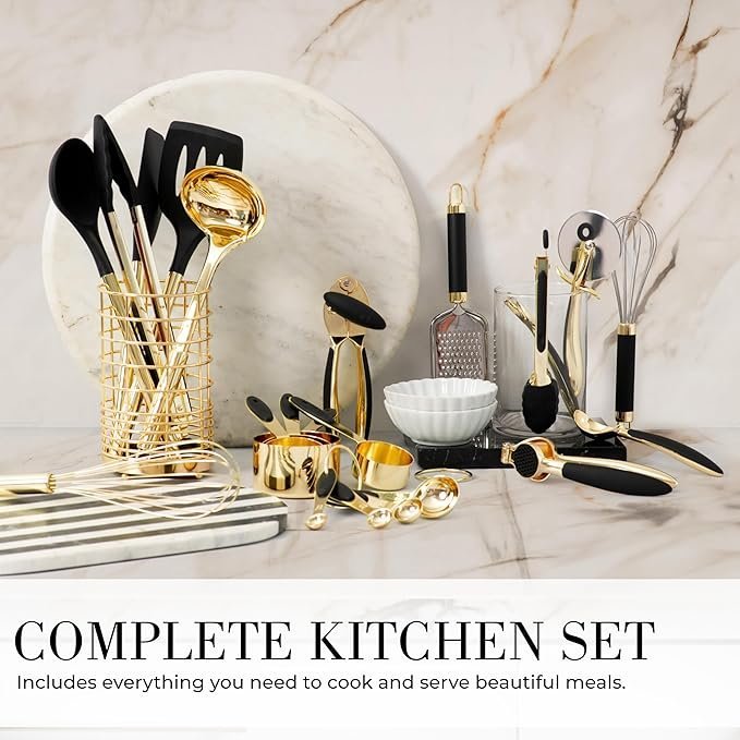 Black and Gold Kitchen Utensils Set – 23-Piece Luxury Kitchen Accessories Includes Gold Measuring Cups, Spoons, Silicone Cooking Utensils and Tools for Baking, Cooking, and Stylish Kitchen Decor