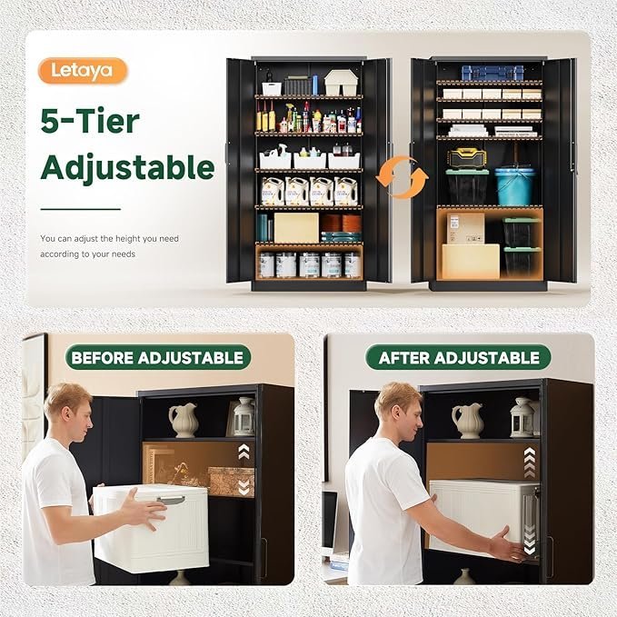 Letaya Metal Garage Storage Cabinets with Lock-72 Tall Tool Organizer Steel Lockers, 5 Adjustable Layers Shelves for Home,Office,Warehouse,Garage,(Black-72“) | with Lock, 72 Tall, Tool Organizer