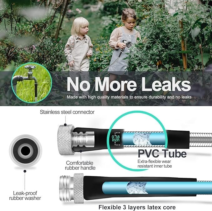 SPECILITE 200ft 304 Stainless Steel Garden Hose Metal, Heavy Duty Water Pipe with Nozzles for Yard, Outdoor – Flexible, Never Kink & Tangle, Puncture Resistant (Sliver)