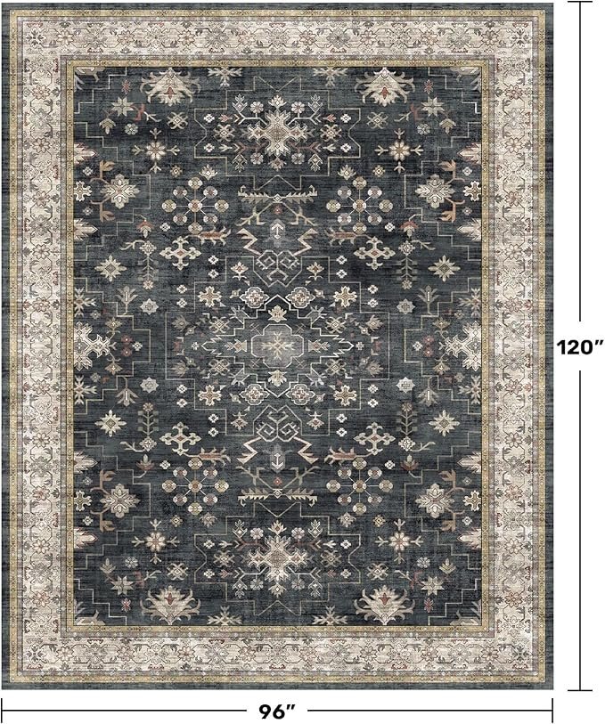 Black Farmhouse Washable 8×10 Area Rugs for Living Room, Bedroom, Dining Room Kitchen Table Rug for Under Table, Office, Dark Charcoal Tumble Stain Resistant Non-Slip Large Washable (8×10 Black/Multi)