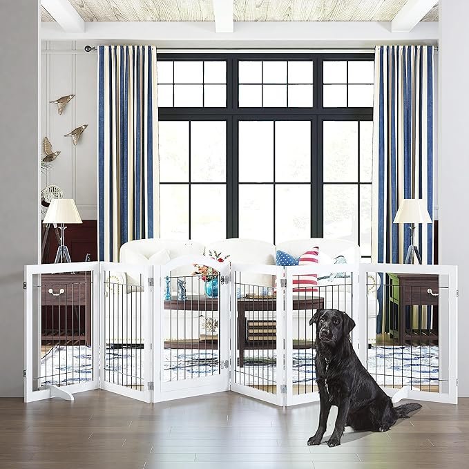 91BVGZhJ3DL._AC_SX679_.jpg PAWLAND 144-inch Extra Wide 30-inches Tall Dog gate with Door Walk Through, Freestanding Wire Pet Gate for The House, Doorway, Stairs, Pet Puppy Safety Fence, Support Feet Included, White,6 Panels