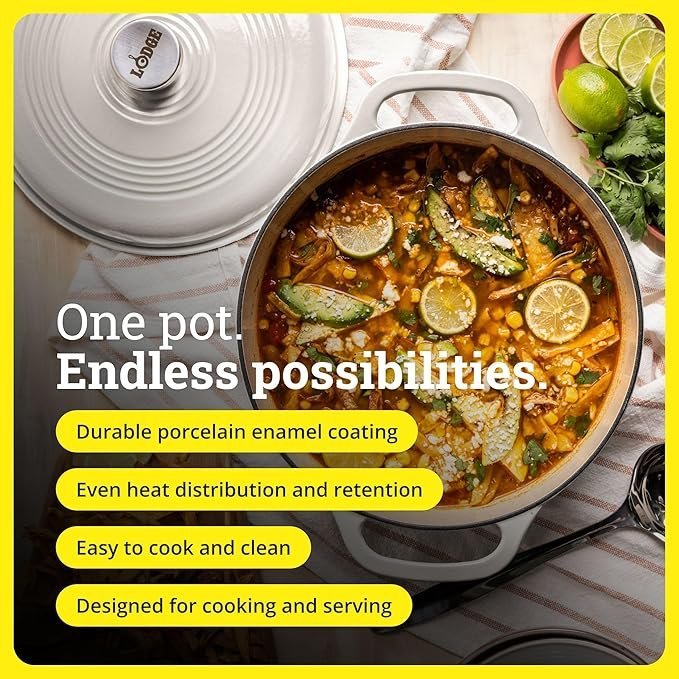 Lodge Essential Enamel Cast Iron Dutch Oven – Perfect for Bread Baking, Braising, Marinating & Slow Cooking – Features Moisture-Sealing Lid & Dual Handles – Kitchen Essentials – 6 Quarts – Oyster White