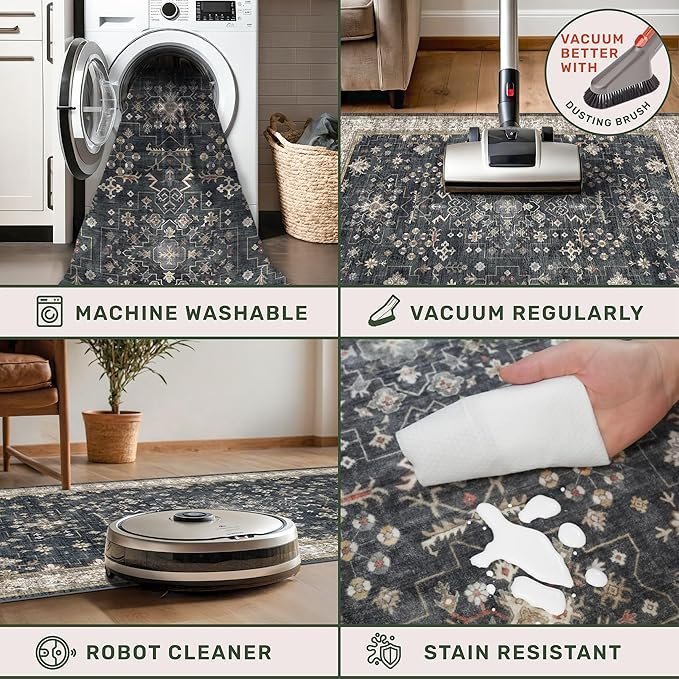 Black Farmhouse Washable 8×10 Area Rugs for Living Room, Bedroom, Dining Room Kitchen Table Rug for Under Table, Office, Dark Charcoal Tumble Stain Resistant Non-Slip Large Washable (8×10 Black/Multi)