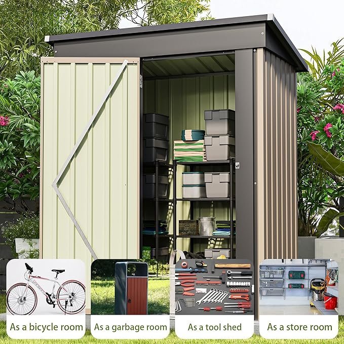 91IykyaHEIL._AC_SX679_.jpg Patiowell 5×3 FT Outdoor Storage Shed, Tool Shed with Sloping Roof and Lockable Door, Metal Shed for Backyard Garden Patio Lawn, Brown