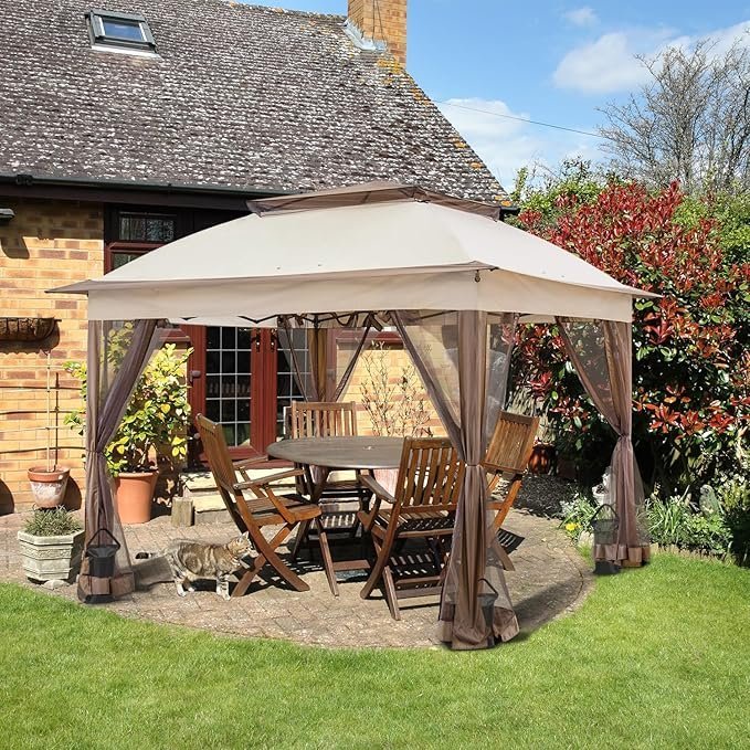 91O37DPpUCL._AC_SX679_.jpg COOS BAY 11×11 Pop Up Gazebo with Mesh Netting, Instant Outdoor Canopy Tent, Water Resistant Shelter with UPF 50+ UV Protection, 121 Sq Ft Coverage, Beige