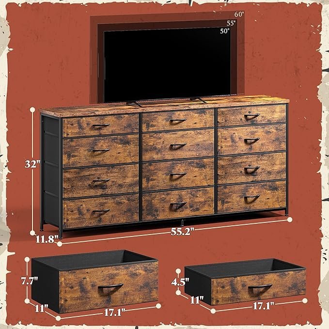 91RqDzrJo0L._AC_SX679_.jpg Romorgniz 55″ Dresser for Bedroom with 12 Fabric Drawers, Entertainment Center for 60 inch TV Dressers & Chests of Drawers Large Organizer, Living Room, Metal Frame, Wood Top, Rustic Brown