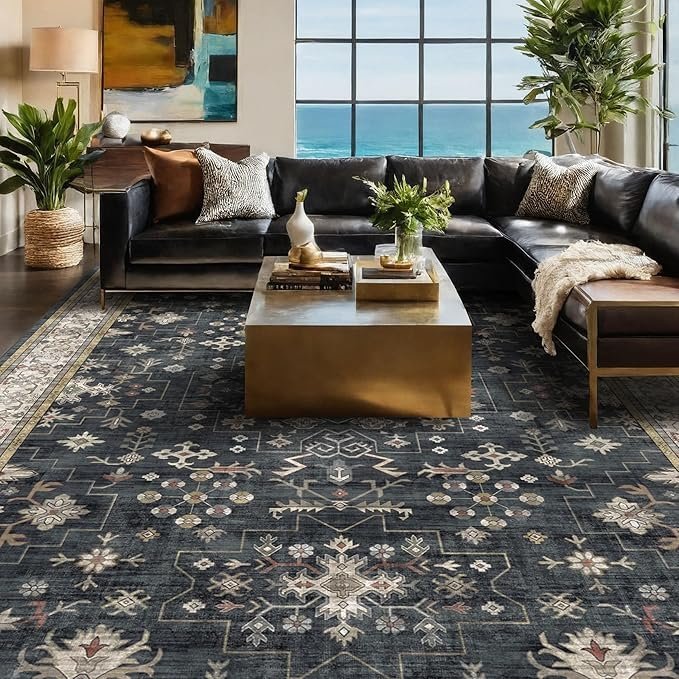 91Xv-MamL._AC_SX679_.jpg Black Farmhouse Washable 8×10 Area Rugs for Living Room, Bedroom, Dining Room Kitchen Table Rug for Under Table, Office, Dark Charcoal Tumble Stain Resistant Non-Slip Large Washable (8×10 Black/Multi)