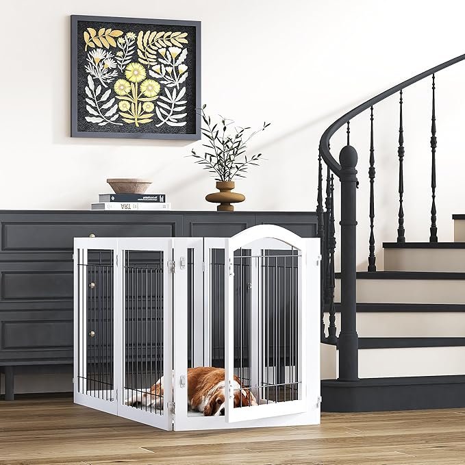 91dukVYenHL._AC_SX679_.jpg PAWLAND 144-inch Extra Wide 30-inches Tall Dog gate with Door Walk Through, Freestanding Wire Pet Gate for The House, Doorway, Stairs, Pet Puppy Safety Fence, Support Feet Included, White,6 Panels